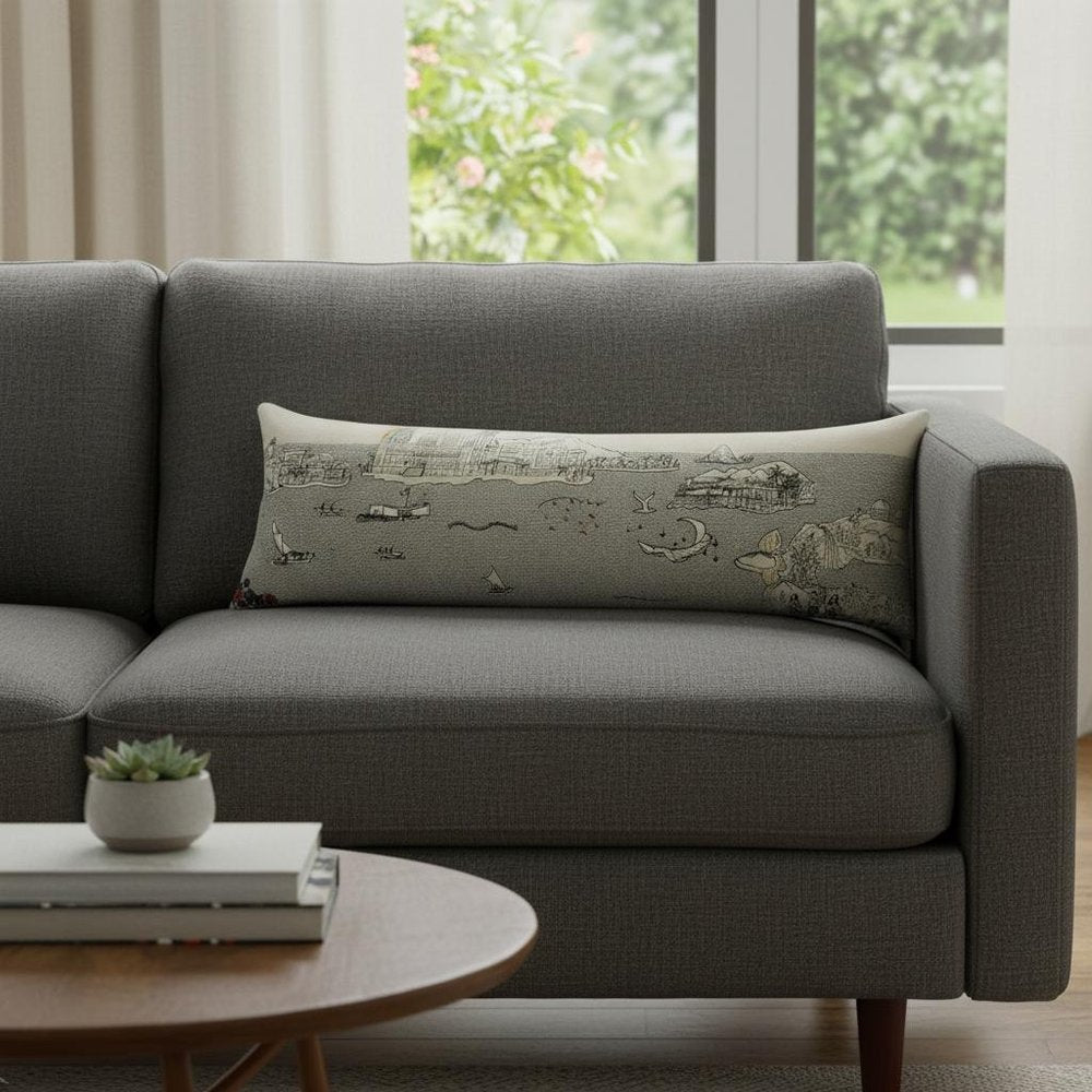14" X 45" Dark Gray And White Hawaii Nighttime Skyline Lumbar Decorative Pillow HomeRoots