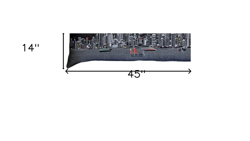 14" X 45" Dark Gray And White Hong Kong Nighttime Skyline Lumbar Decorative Pillow — view 5
