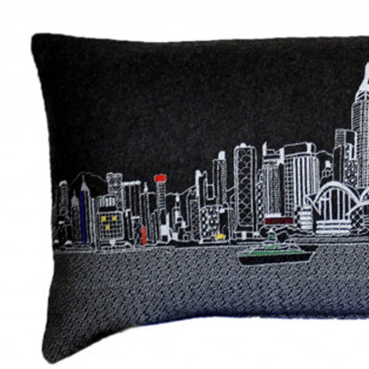 46" Black Hong Kong Nighttime Skyline Lumbar Decorative Pillow FurniFindUSA