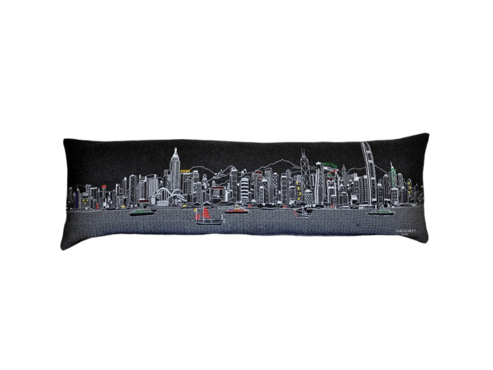 14" X 45" Dark Gray And White Hong Kong Nighttime Skyline Lumbar Decorative Pillow — view 2
