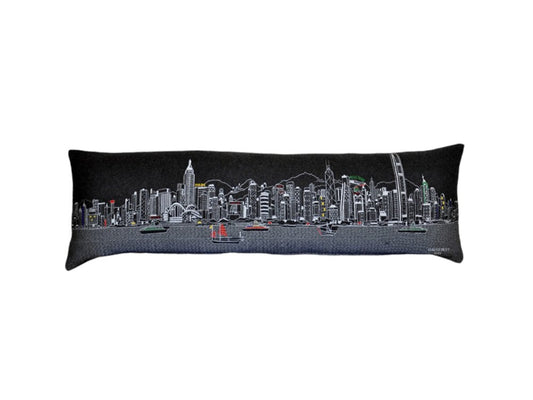 14" X 45" Dark Gray And White Hong Kong Nighttime Skyline Lumbar Decorative Pillow