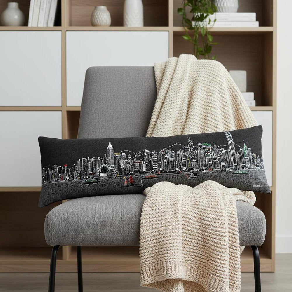 14" X 45" Dark Gray And White Hong Kong Nighttime Skyline Lumbar Decorative Pillow — view 1