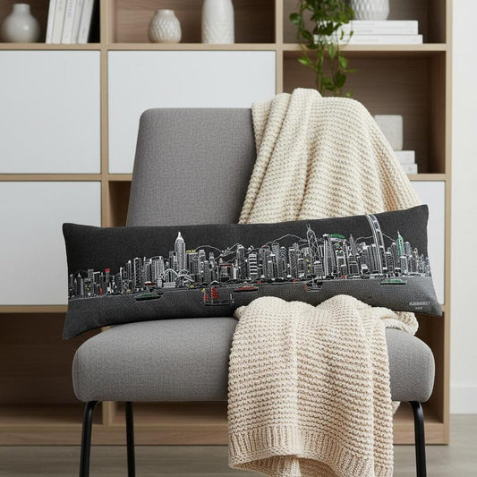 14" X 45" Dark Gray And White Hong Kong Nighttime Skyline Lumbar Decorative Pillow