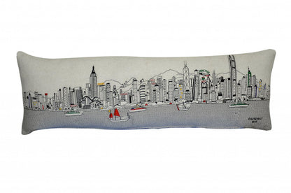 14" X 45" Dark Gray And White Hong Kong Nighttime Skyline Lumbar Decorative Pillow HomeRoots