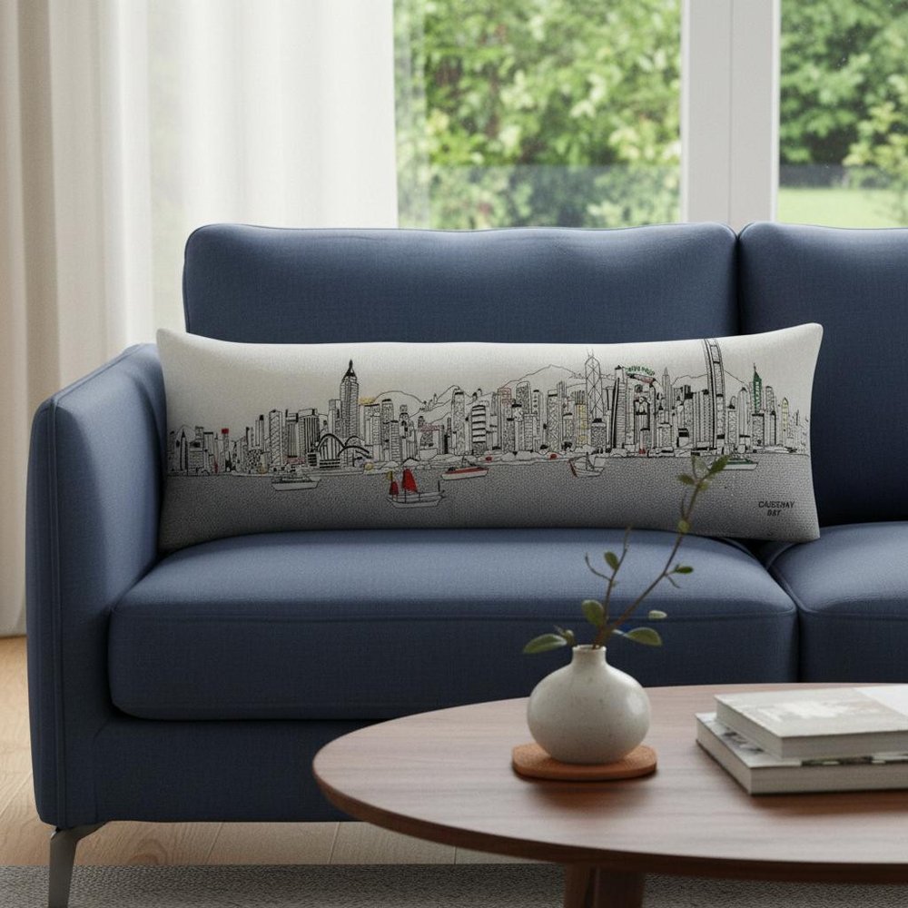 14" X 45" Dark Gray And White Hong Kong Nighttime Skyline Lumbar Decorative Pillow HomeRoots