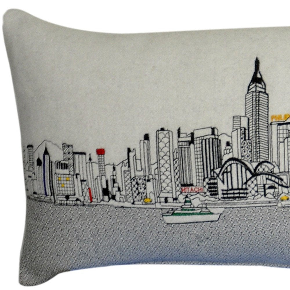 14" X 45" Dark Gray And White Hong Kong Nighttime Skyline Lumbar Decorative Pillow HomeRoots