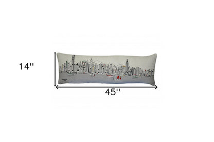14" X 45" Dark Gray And White Hong Kong Nighttime Skyline Lumbar Decorative Pillow HomeRoots