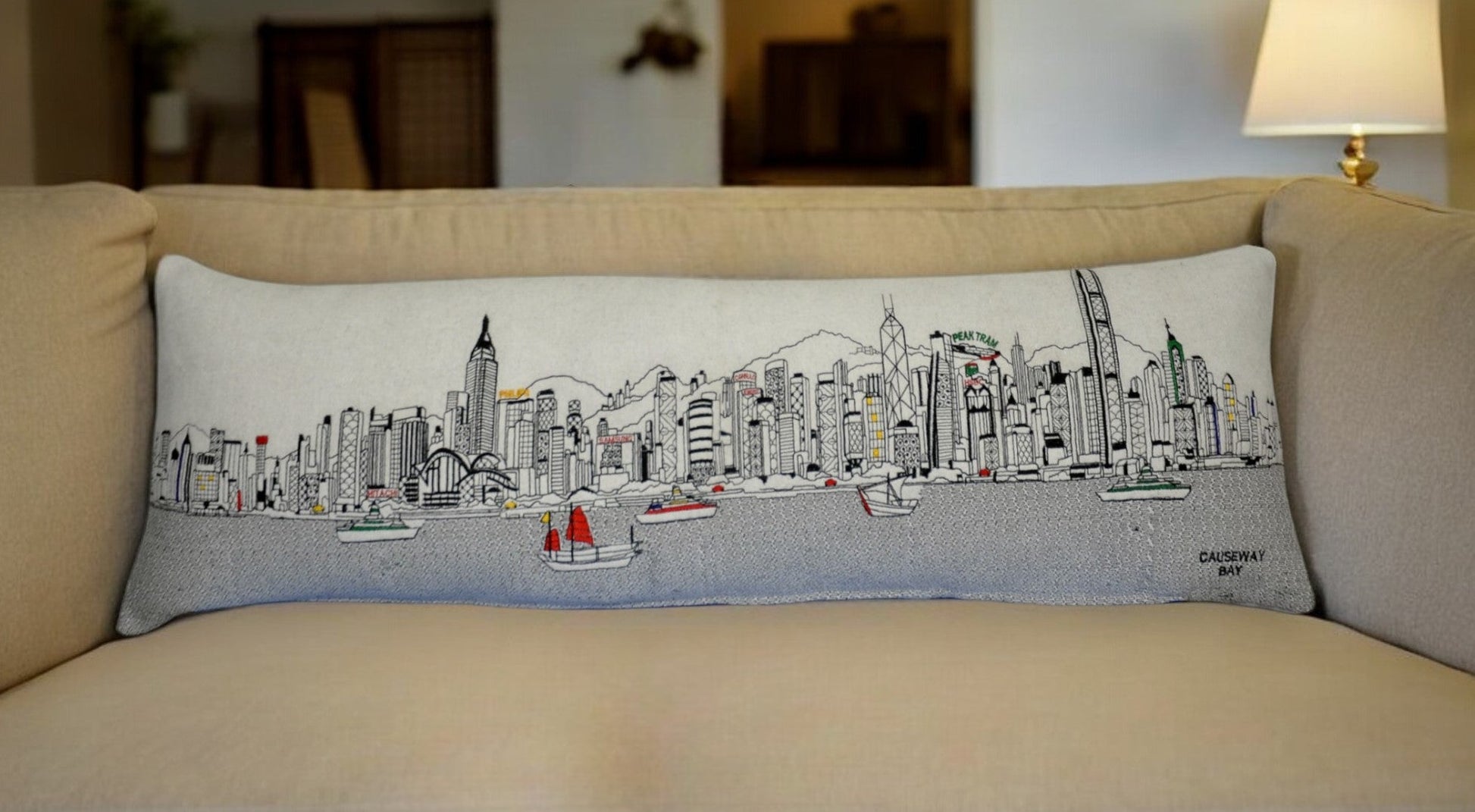 46" White Hong Kong Daylight Skyline Lumbar Decorative Pillow FurniFindUSA