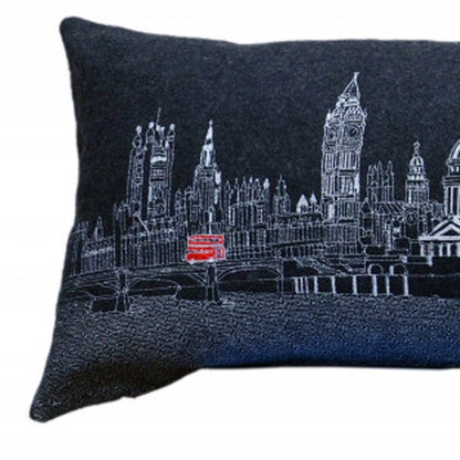 14" X 45" Dark Gray And White London Nighttime Skyline Lumbar Decorative Pillow HomeRoots