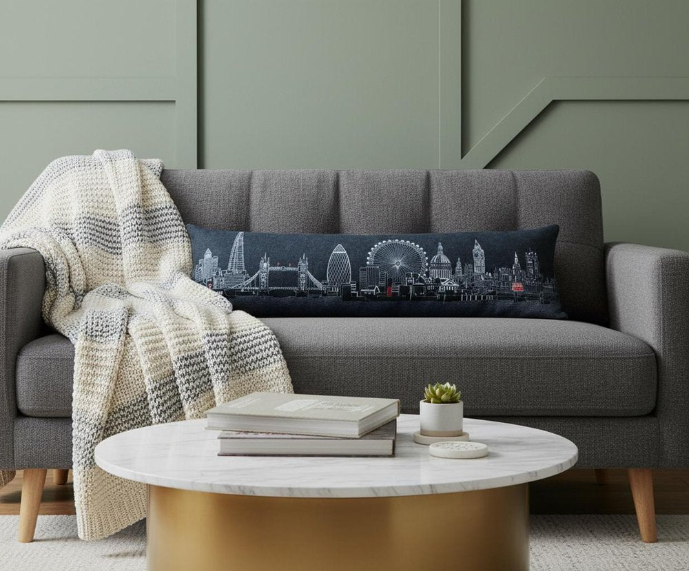 14" X 45" Dark Gray And White London Nighttime Skyline Lumbar Decorative Pillow HomeRoots
