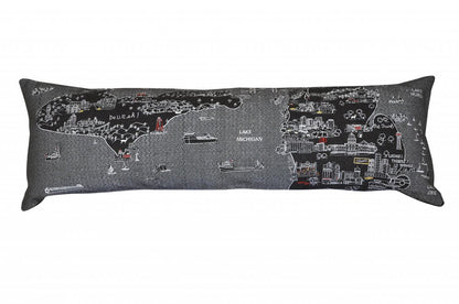 14" X 46" Dark Gray And White Michigan Nighttime Skyline Lumbar Decorative Pillow HomeRoots