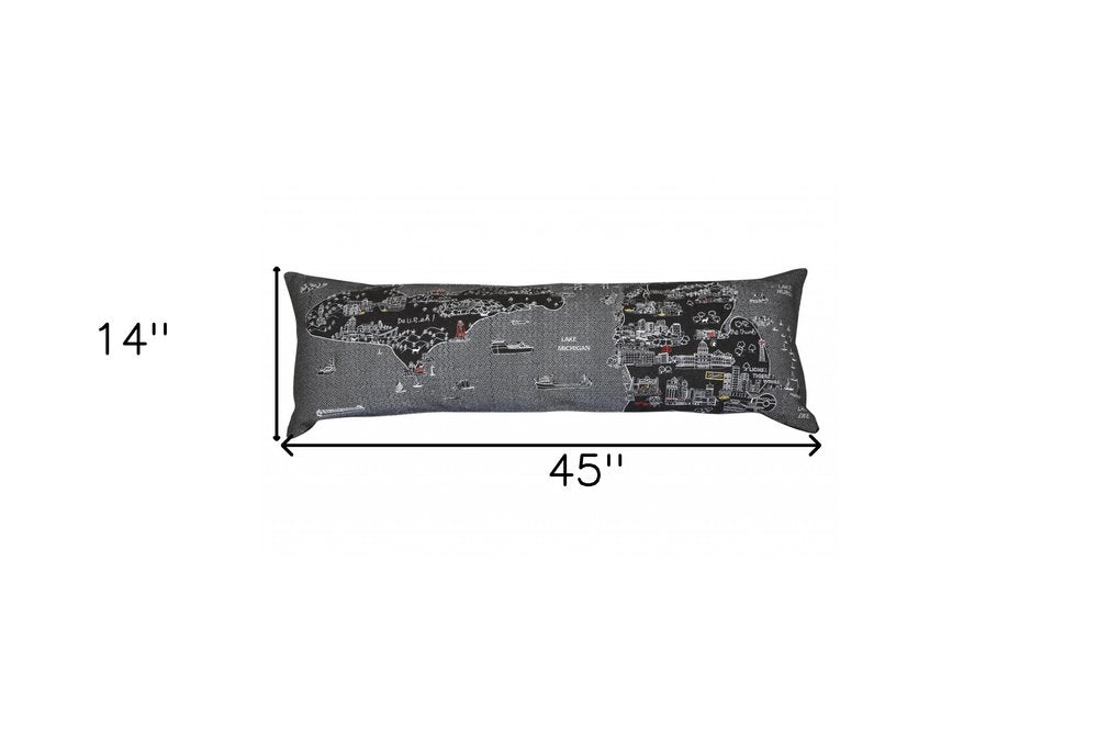 14" X 46" Dark Gray And White Michigan Nighttime Skyline Lumbar Decorative Pillow HomeRoots