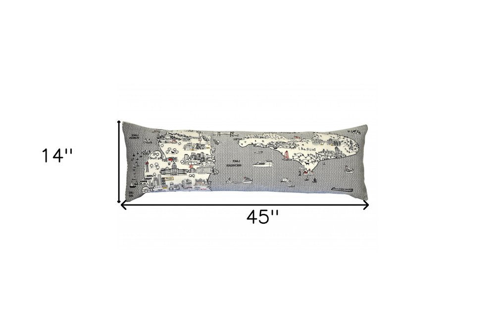 14" X 46" Dark Gray And White Michigan Nighttime Skyline Lumbar Decorative Pillow HomeRoots