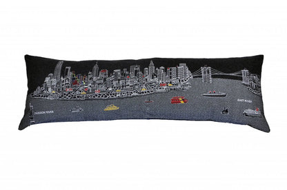 14" X 46" Dark Gray And White NYC Nighttime Skyline Lumbar Decorative Pillow HomeRoots