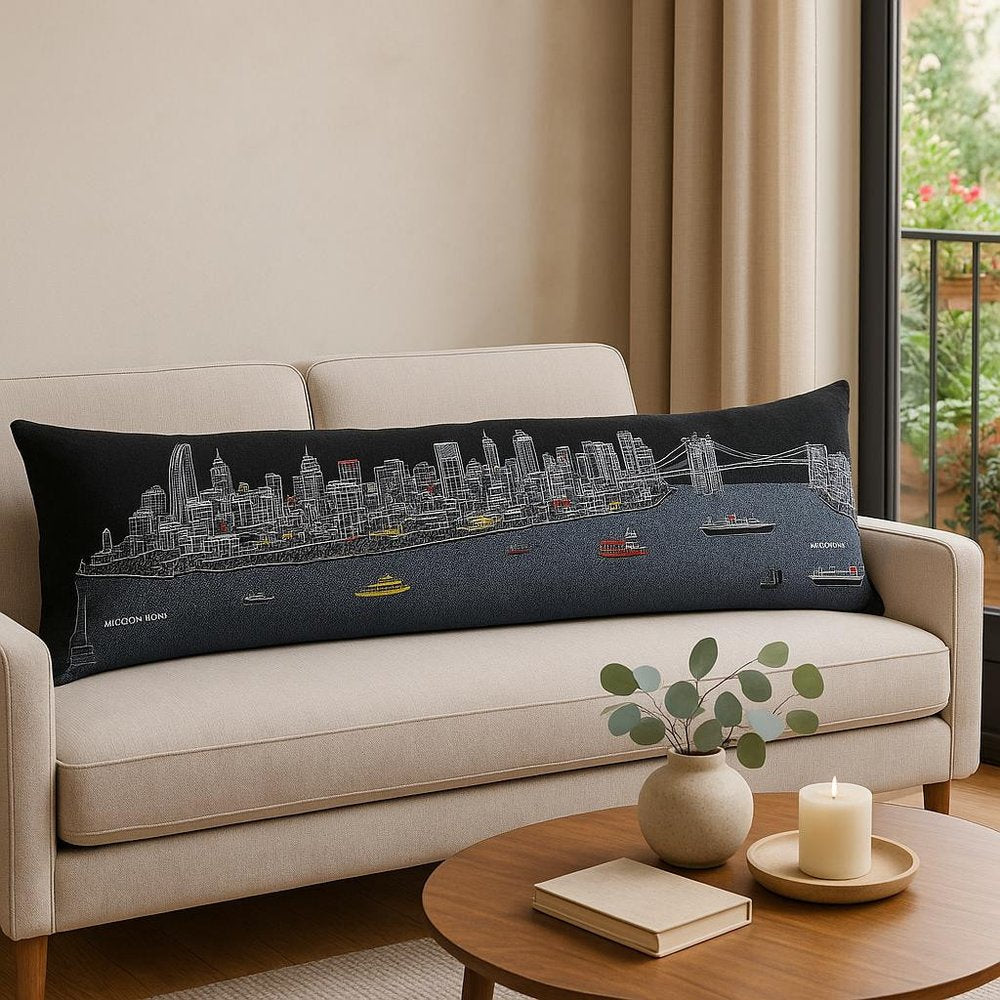 14" X 46" Dark Gray And White NYC Nighttime Skyline Lumbar Decorative Pillow — view 1