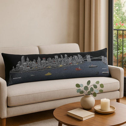 14" X 46" Dark Gray And White NYC Nighttime Skyline Lumbar Decorative Pillow HomeRoots