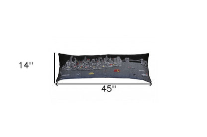 14" X 46" Dark Gray And White NYC Nighttime Skyline Lumbar Decorative Pillow HomeRoots