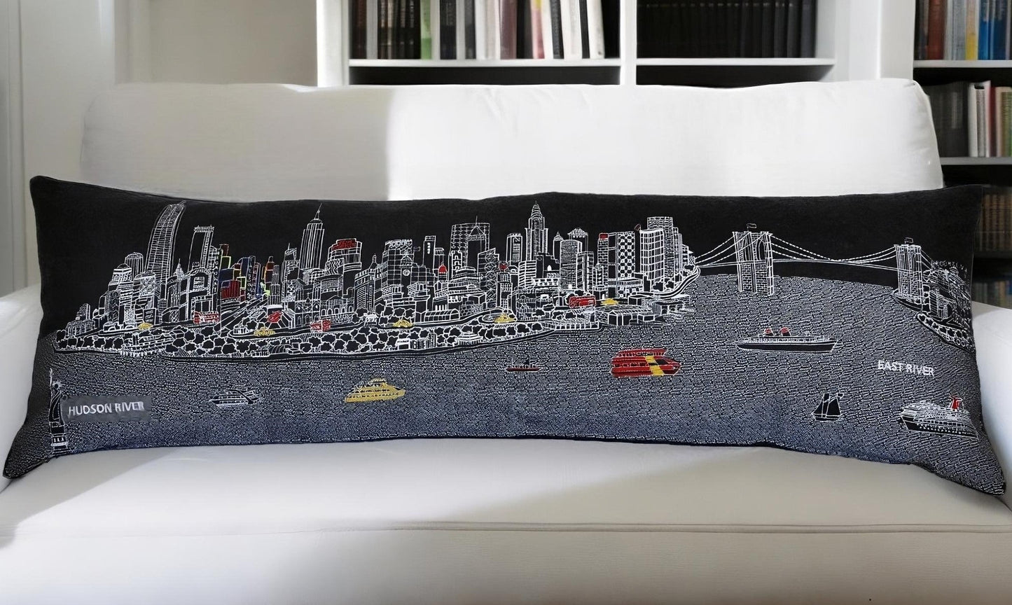 46" Black NYC Nighttime Skyline Lumbar Decorative Pillow FurniFindUSA