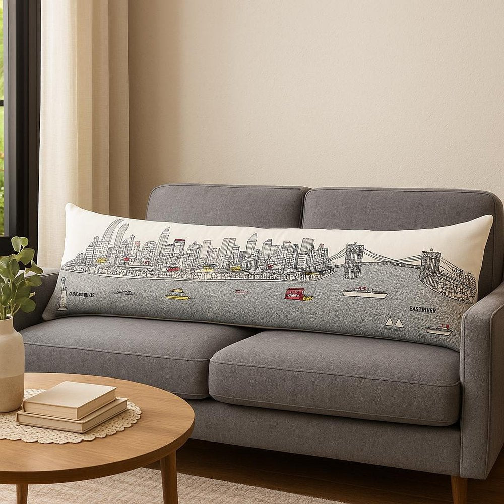 14" X 46" Dark Gray And White NYC Nighttime Skyline Lumbar Decorative Pillow HomeRoots