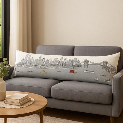 14" X 46" Dark Gray And White NYC Nighttime Skyline Lumbar Decorative Pillow HomeRoots