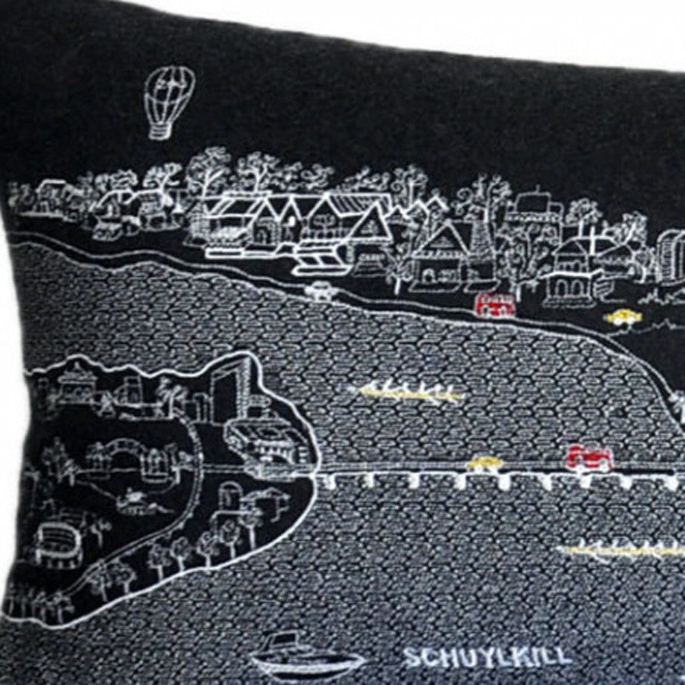 46" Black Philadelphia Nighttime Skyline Lumbar Decorative Pillow FurniFindUSA