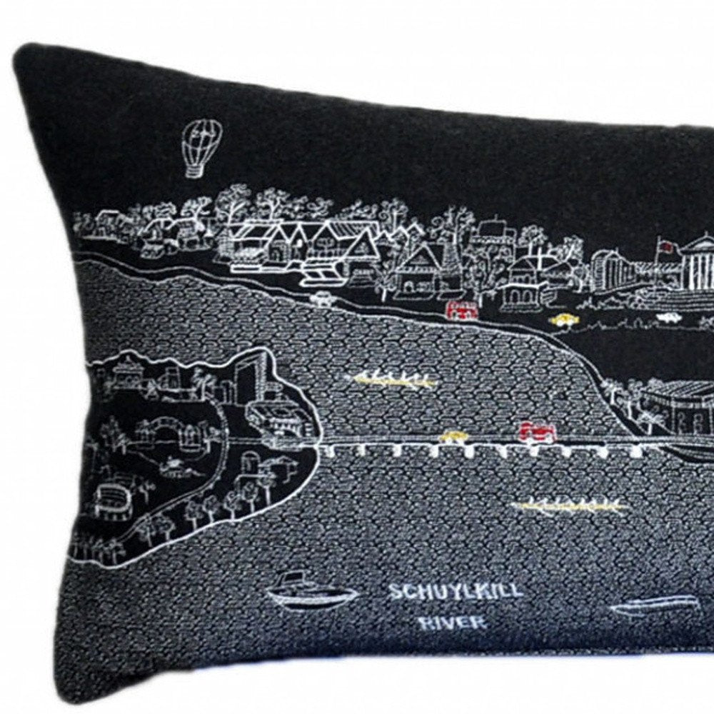 14" X 46" Dark Gray And White Philadelphia Nighttime Skyline Lumbar Decorative Pillow — view 4