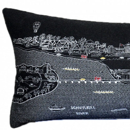 14" X 46" Dark Gray And White Philadelphia Nighttime Skyline Lumbar Decorative Pillow HomeRoots