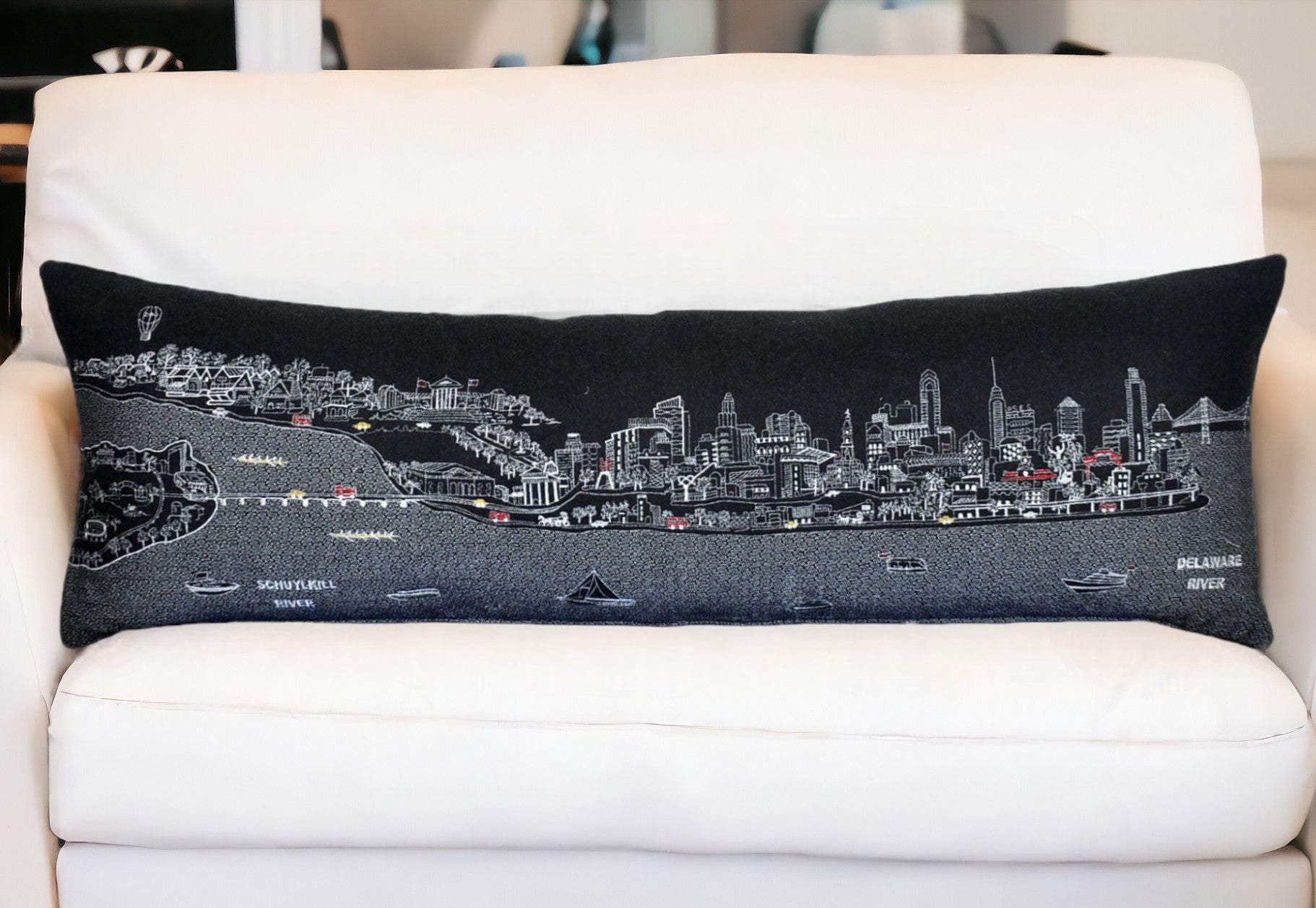 46" Black Philadelphia Nighttime Skyline Lumbar Decorative Pillow FurniFindUSA