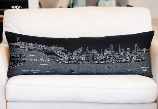 46" Black Philadelphia Nighttime Skyline Lumbar Decorative Pillow FurniFindUSA