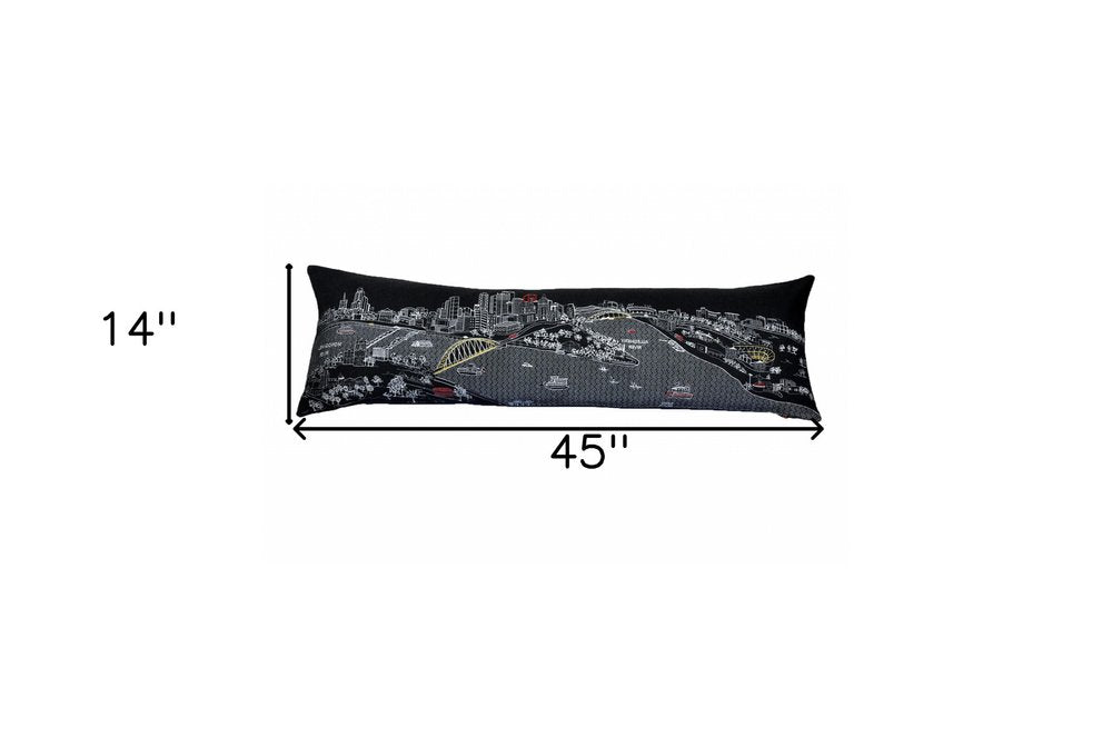 14" X 46" Dark Gray And White Pittsburgh Nighttime Skyline Lumbar Decorative Pillow — view 4