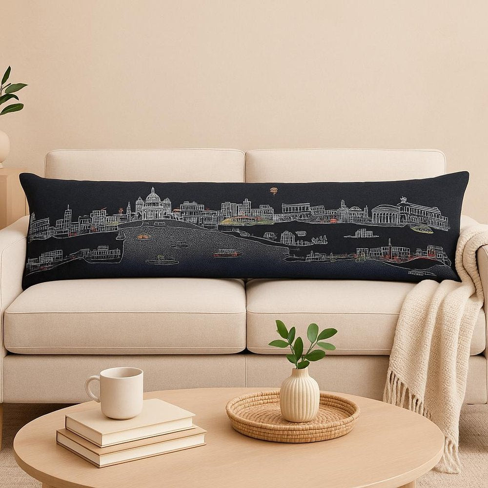 14" X 46" Dark Gray And White Rome Nighttime Skyline Lumbar Decorative Pillow — view 1