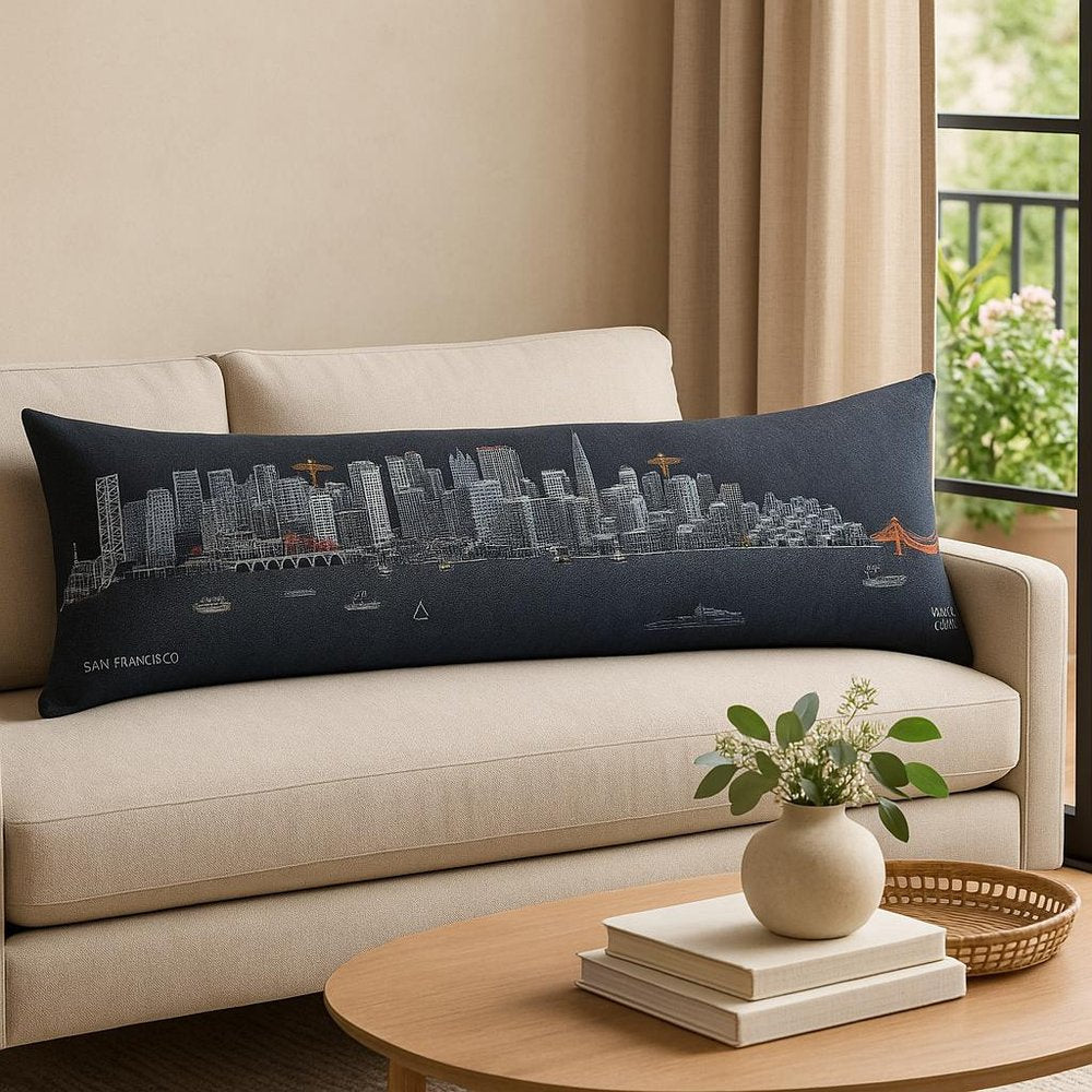 14" X 46" Dark Gray And White San Francisco Nighttime Skyline Lumbar Decorative Pillow — view 1