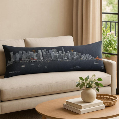 14" X 46" Dark Gray And White San Francisco Nighttime Skyline Lumbar Decorative Pillow HomeRoots