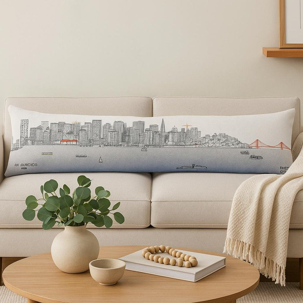 14" X 46" Dark Gray And White San Francisco Nighttime Skyline Lumbar Decorative Pillow HomeRoots