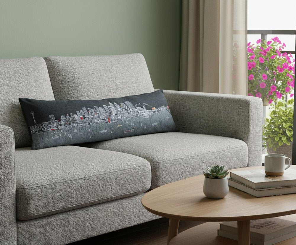 14" X 46" Dark Gray And White Seattle Nighttime Skyline Lumbar Decorative Pillow HomeRoots