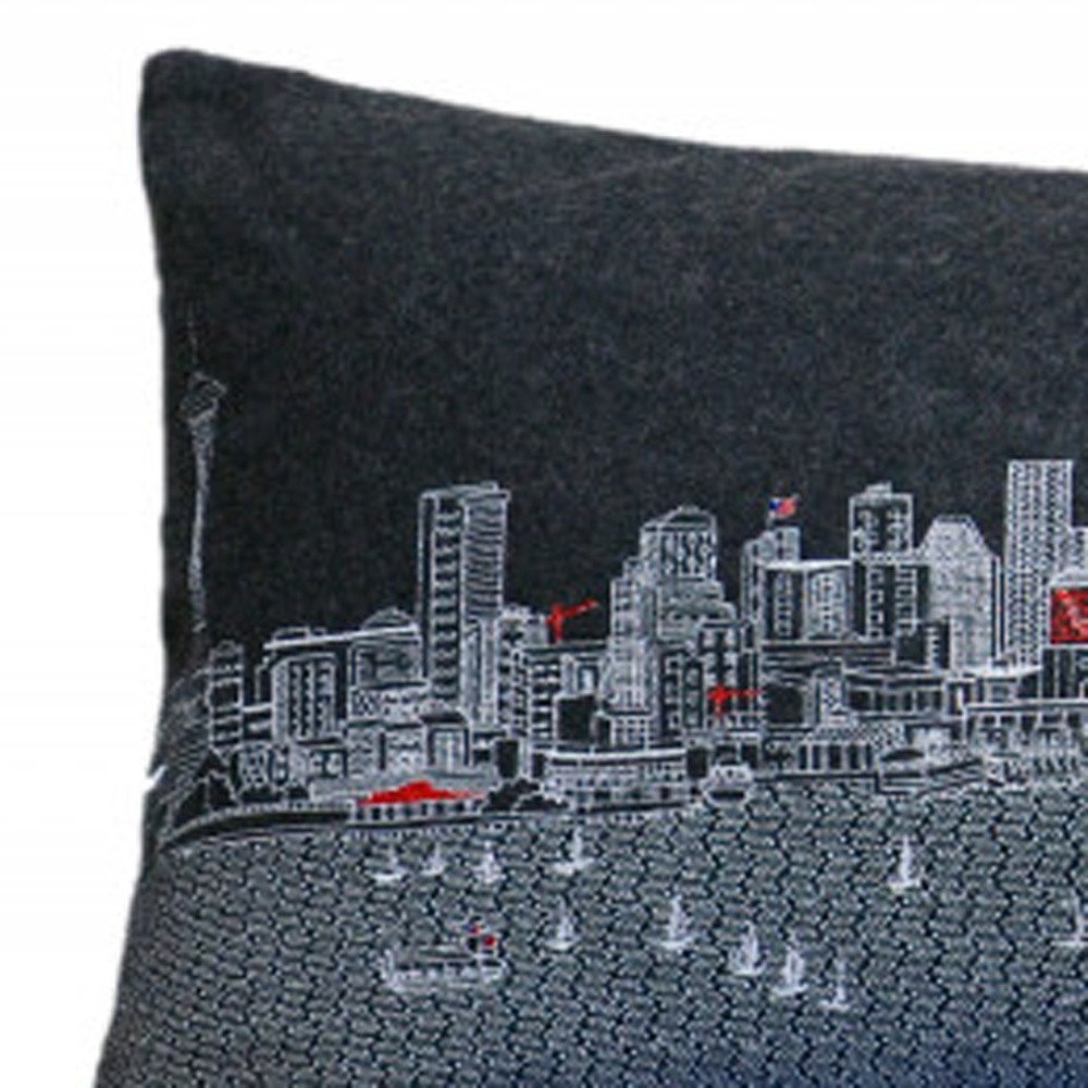 14" X 46" Dark Gray And White Seattle Nighttime Skyline Lumbar Decorative Pillow HomeRoots