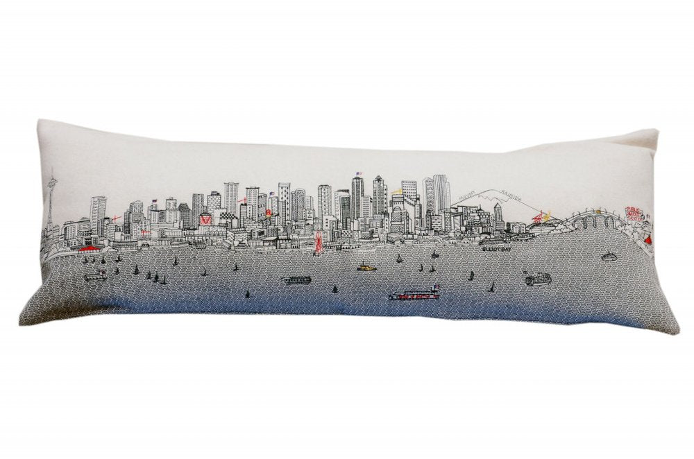 14" X 46" Dark Gray And White Seattle Nighttime Skyline Lumbar Decorative Pillow — view 6