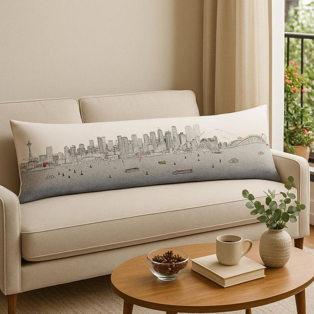 14" X 46" Dark Gray And White Seattle Nighttime Skyline Lumbar Decorative Pillow HomeRoots