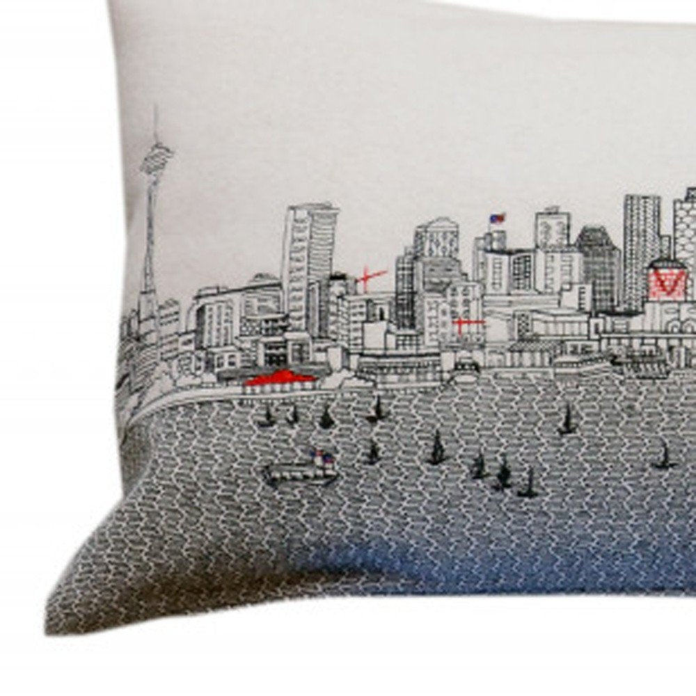14" X 46" Dark Gray And White Seattle Nighttime Skyline Lumbar Decorative Pillow — view 8
