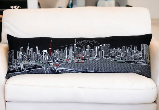 46" Black Tokyo Nighttime Skyline Lumbar Decorative Pillow FurniFindUSA