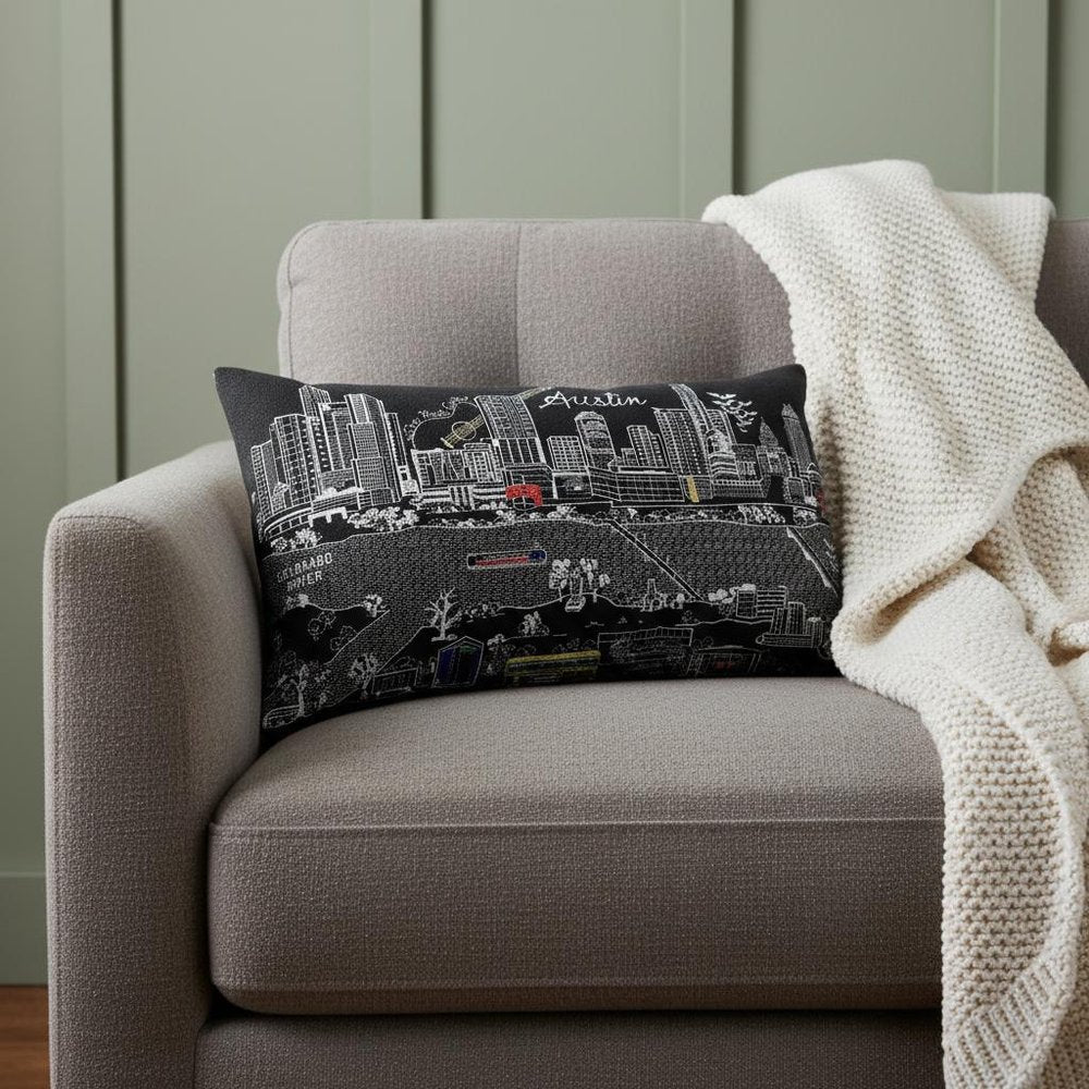 14" X 24" Dark Gray And White Austin Nighttime Skyline Lumbar Decorative Pillow HomeRoots
