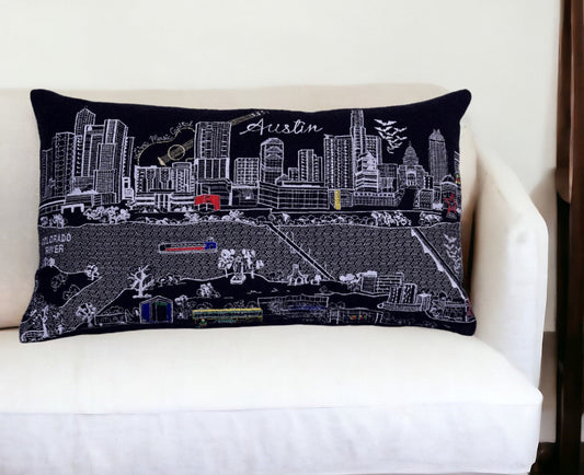 25" Black Atlanta Nighttime Skyline Lumbar Decorative Pillow FurniFindUSA