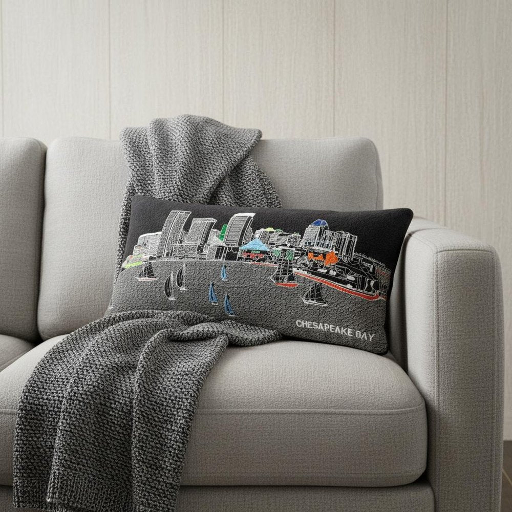 14" X 24" Dark Gray And White Baltimore Nighttime Skyline Lumbar Decorative Pillow HomeRoots