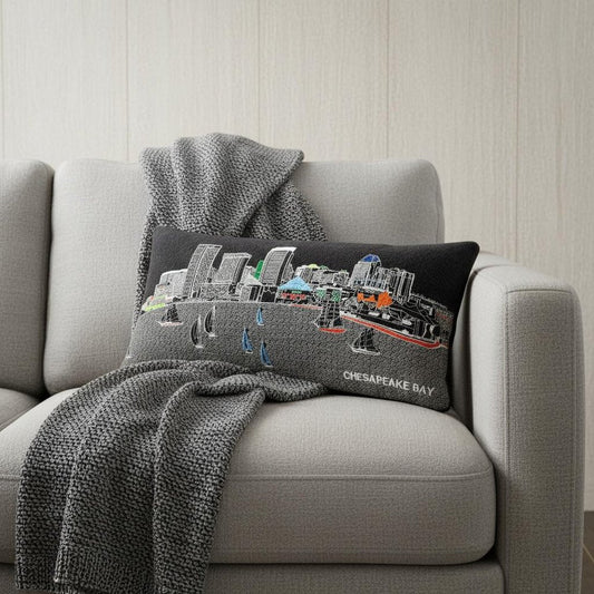 14" X 24" Dark Gray And White Baltimore Nighttime Skyline Lumbar Decorative Pillow