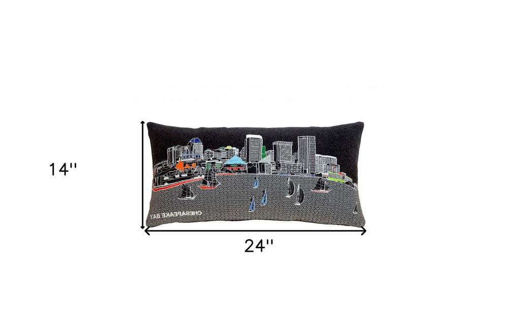 14" X 24" Dark Gray And White Baltimore Nighttime Skyline Lumbar Decorative Pillow — view 4