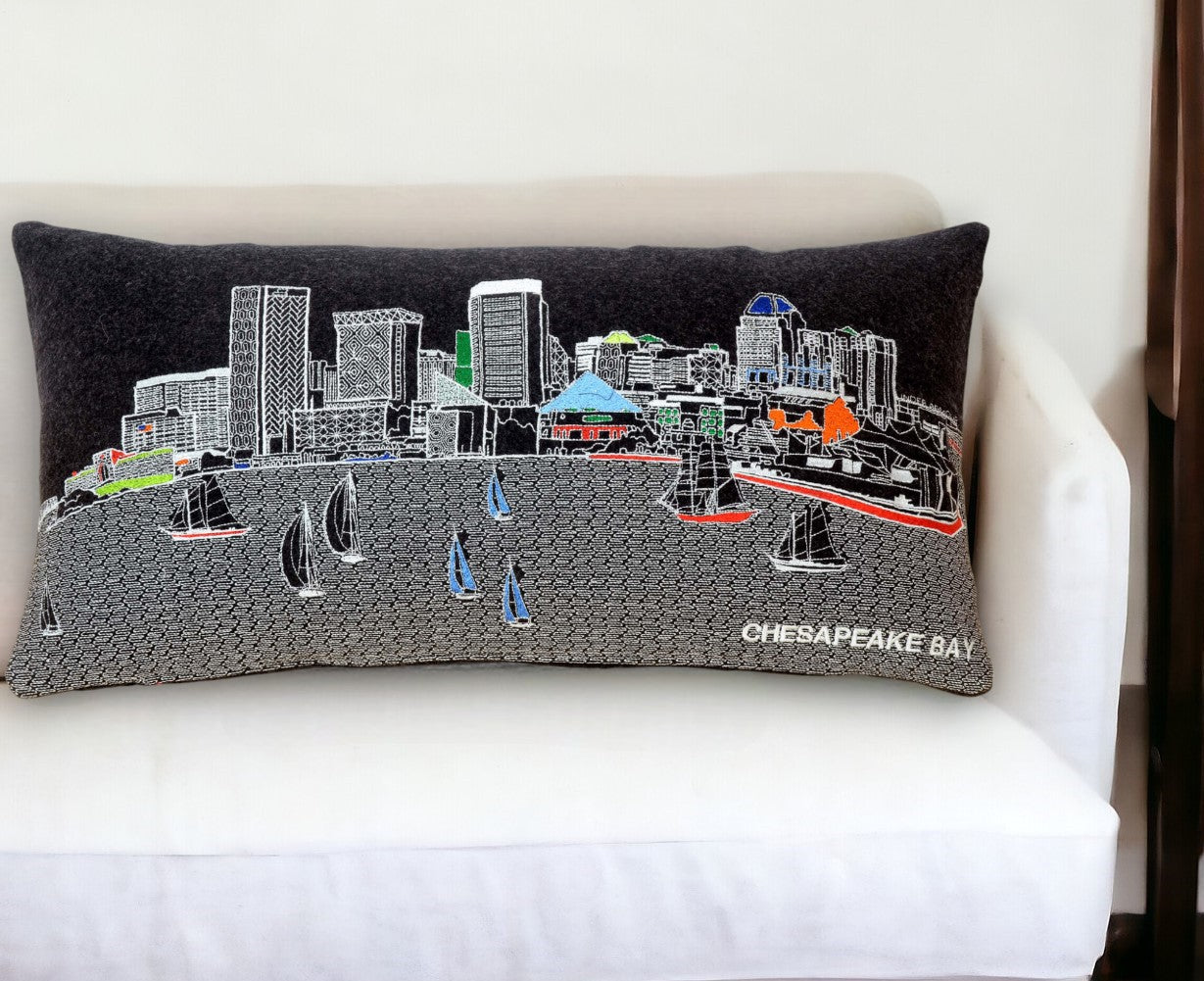 25" Black Austin Nighttime Skyline Lumbar Decorative Pillow FurniFindUSA