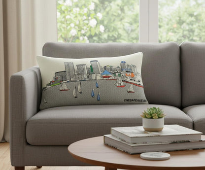 14" X 24" Dark Gray And White Baltimore Nighttime Skyline Lumbar Decorative Pillow HomeRoots