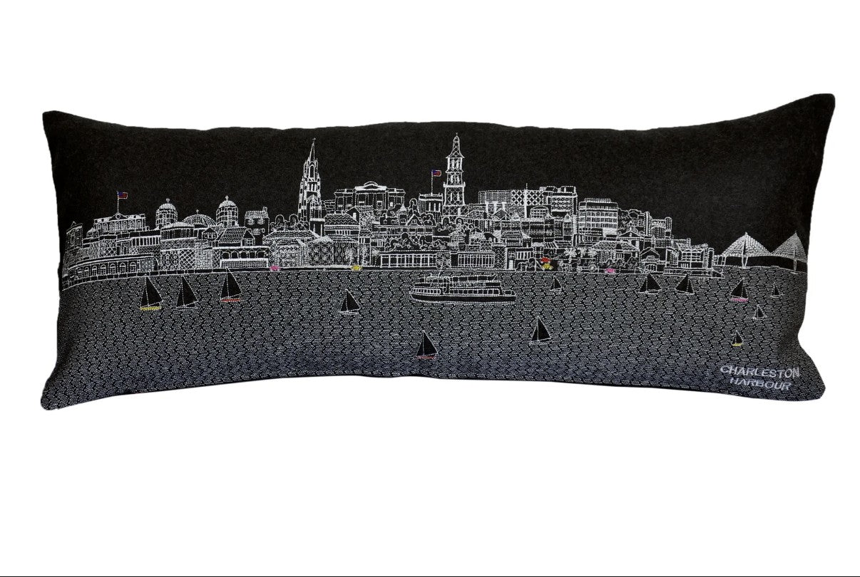 25" Black Charleston Nighttime Skyline Lumbar Decorative Pillow FurniFindUSA
