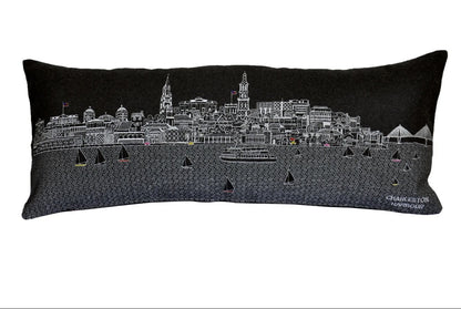 25" Black Charleston Nighttime Skyline Lumbar Decorative Pillow FurniFindUSA
