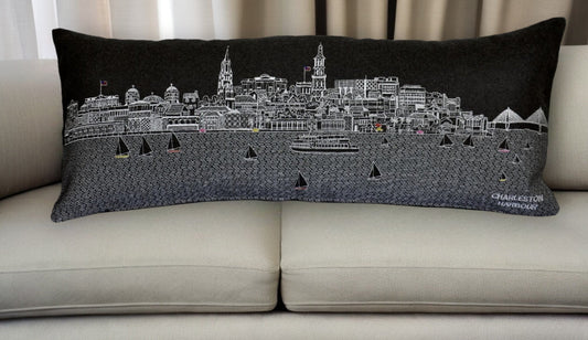 25" Black Charleston Nighttime Skyline Lumbar Decorative Pillow FurniFindUSA